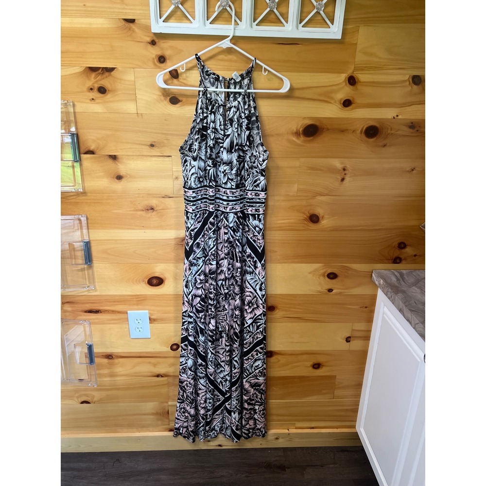 London Style Collection Floral Halter Maxi Dress Black Pink Size 12 Keyhole Neck